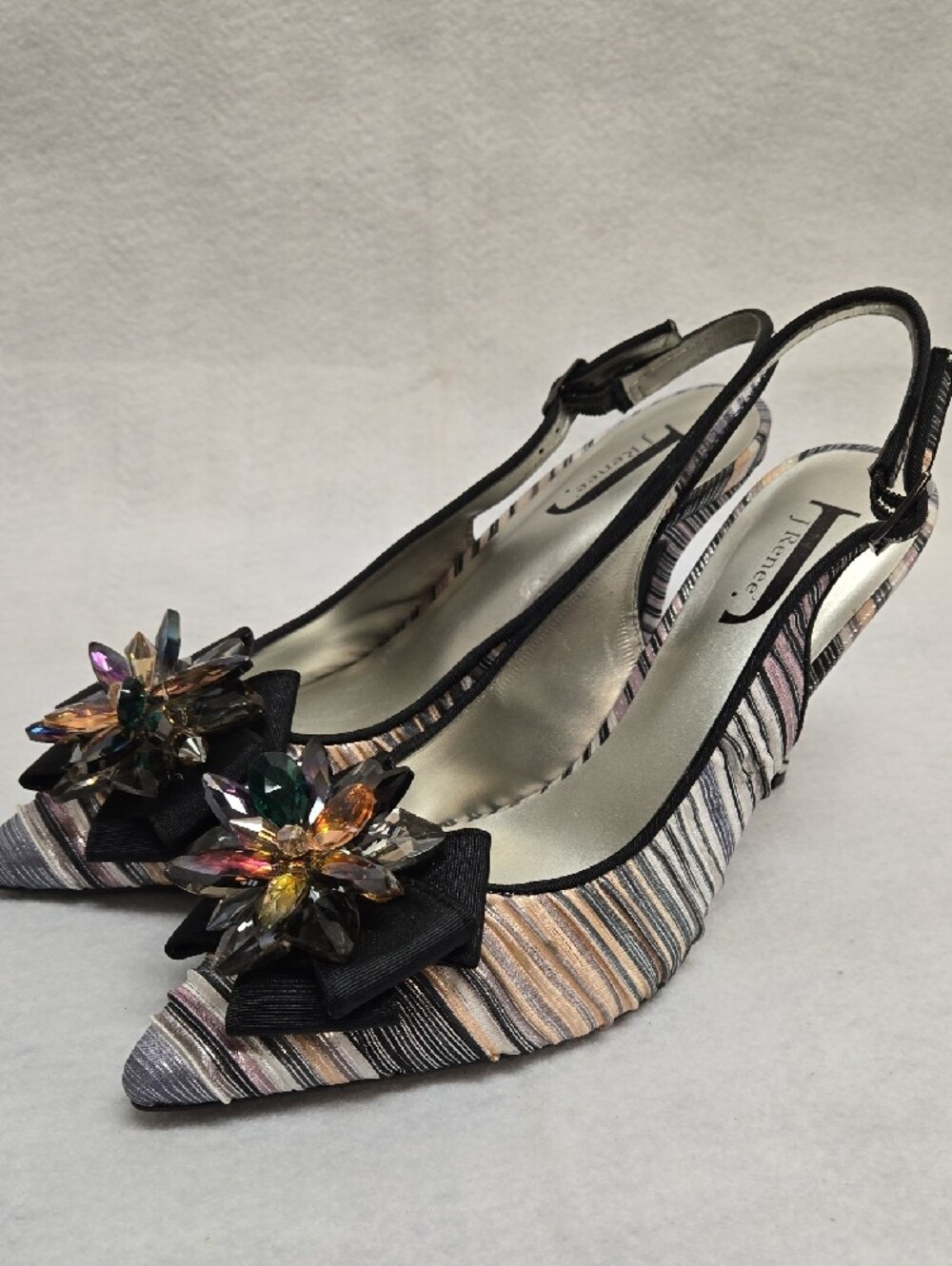 J.Renee Women's 9M Multicolor Striped Slingback Heels with Crystal Embellishment